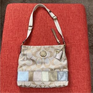 Coach F19209 Signature CC Metallic Patchwork Canvas Leather Crossbody Bag